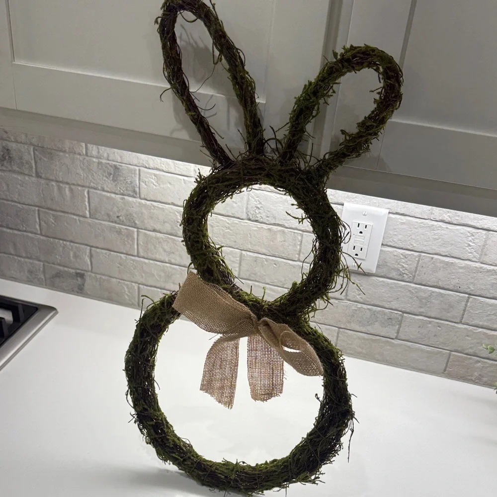 Rustic Green Bunny Wreath with Burlap Bow - Home Holiday Decor